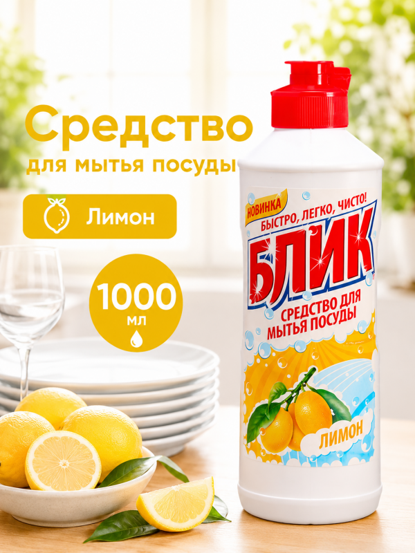 Жидкое средство для мытья посуды БЛИК Лимон, 1000 г.