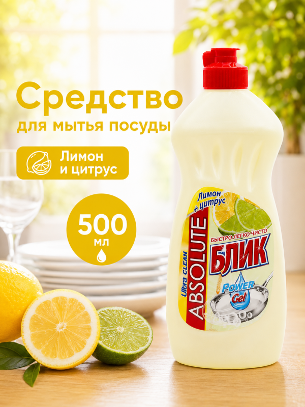 Средство для мытья посуды Absolute БЛИК "Лимон и цитрус", 500 мл.