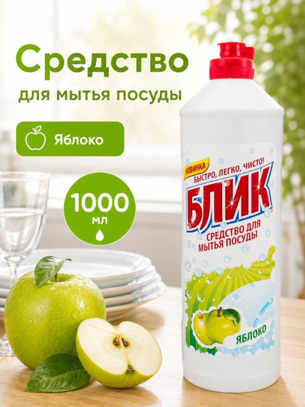 Жидкое моющее средство для посуды Блик-1000мл Яблока
